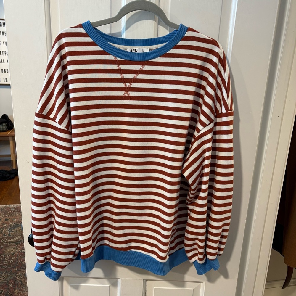 Striped Brown and White Sweatshirt with Blue Accents